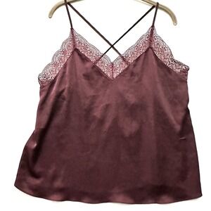 ETAM France XL Cami Slip Top Y2K 90's Dainty Lace Trim Burgundy Grenadine Cross